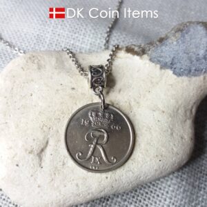 Denmark 1966 initial R coin necklace. 58 year old Danish 25 ore coin pendant on bail. Danish crown souvenir.