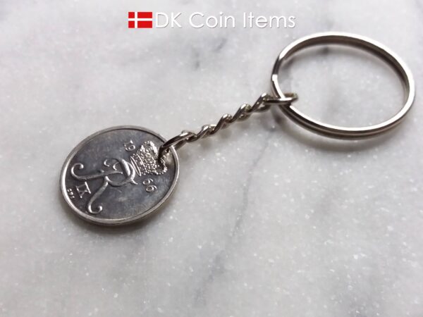 Denmark 1966 R coin keychain. 58 year old Danish 25 ore coin pendant. Vintage souvenir coin. 58th birthday gift.