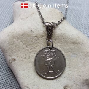 Denmark R coin necklace. 58 year old 1966 Danish 25 ore as coin pendant on bail. Danish crown souvenir.