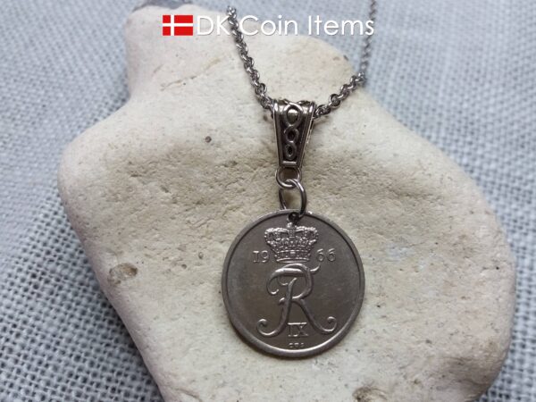 Denmark R coin necklace. 58 year old 1966 Danish 25 ore as coin pendant on bail. Danish crown souvenir.