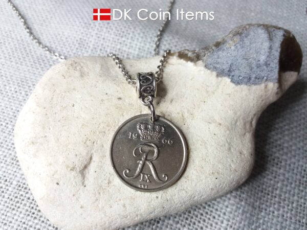 Denmark 1966 initial R coin necklace. 58 year old Danish 25 ore coin pendant on bail. Danish crown souvenir.