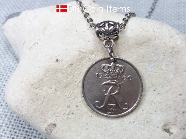 Denmark R coin necklace. 58 year old Danish 25 ore 1966 as coin pendant on bail. Danish crown souvenir.