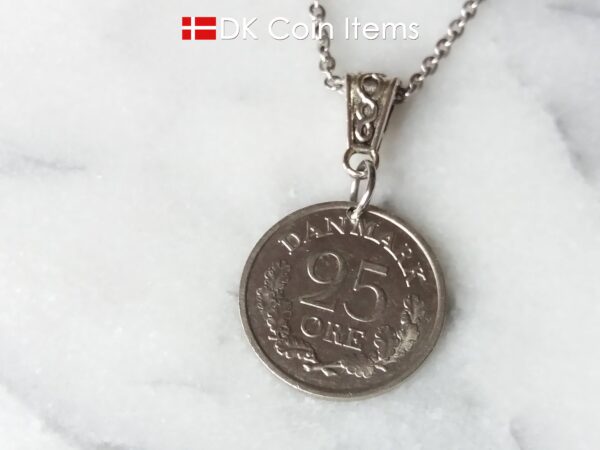 Denmark R coin necklace. 58 year old 1966 Danish 25 ore as coin pendant on bail. Danish crown souvenir.