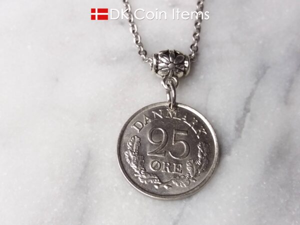 Denmark R coin necklace. 58 year old Danish 25 ore 1966 as coin pendant on bail. Danish crown souvenir.