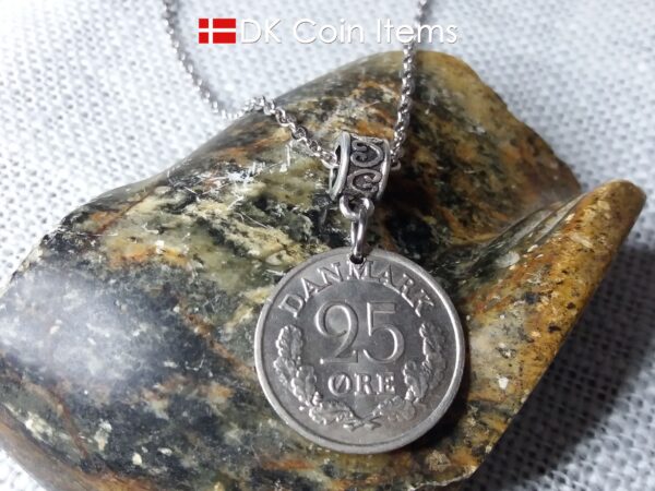 Denmark 1966 initial R coin necklace. 58 year old Danish 25 ore coin pendant on bail. Danish crown souvenir.