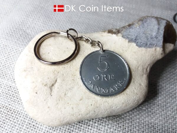 Denmark 1961 R coin keychain. 63 year old Danish 5 ore as coin pendant on chain and keyring