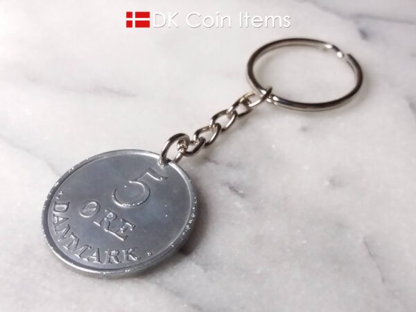 Denmark 1961 R coin keychain. 63 year old Danish 5 ore as coin pendant on chain and keyring