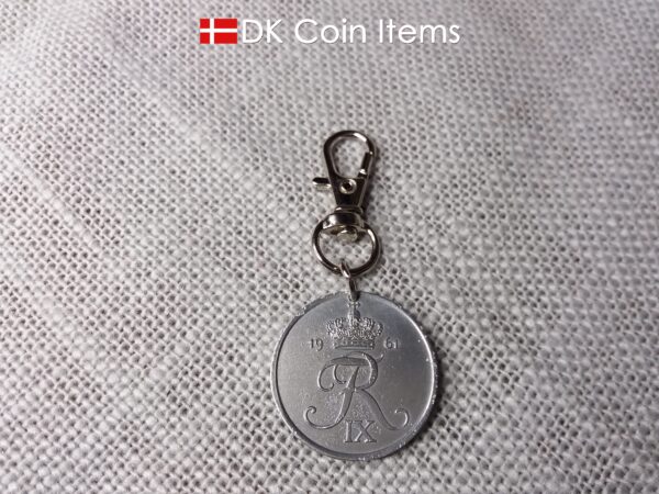 Denmark 5 ore coin pendant charm. Danish 1961 R initial coin. 5th anniversary gift or vintage souvenir.