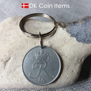 Denmark 1961 R coin keychain. 63 year old Danish 5 ore as coin pendant on keyring