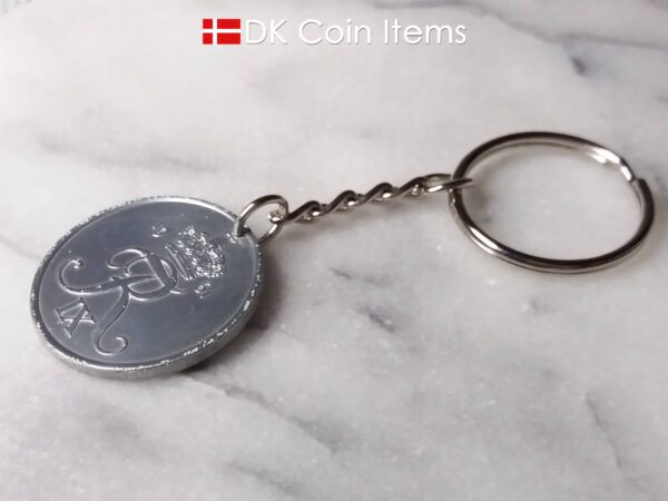 Denmark 1961 R coin keychain. 63 year old Danish 5 ore as coin pendant on chain and keyring