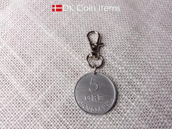 Denmark 5 ore coin pendant charm. Danish 1961 R initial coin. 5th anniversary gift or vintage souvenir.