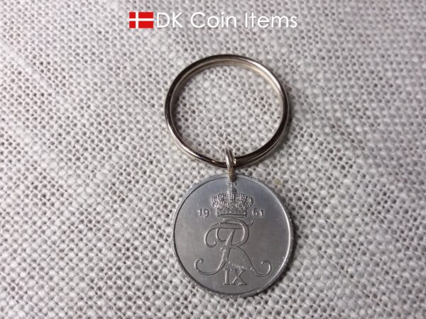 Denmark 5 ore coin pendant keychain. Danish 1961 R initial coin. 5th anniversary gift or vintage souvenir.