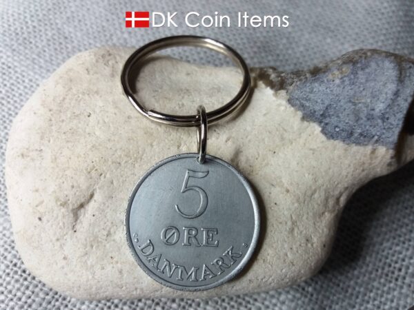 Denmark 1961 R coin keychain. 63 year old Danish 5 ore as coin pendant on keyring