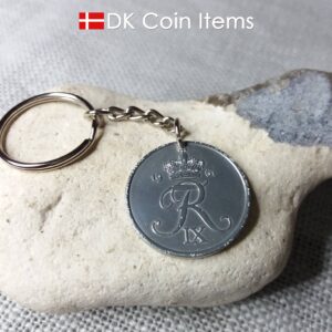 Denmark 1961 R coin keychain. 63 year old Danish 5 ore as coin pendant on chain and keyring