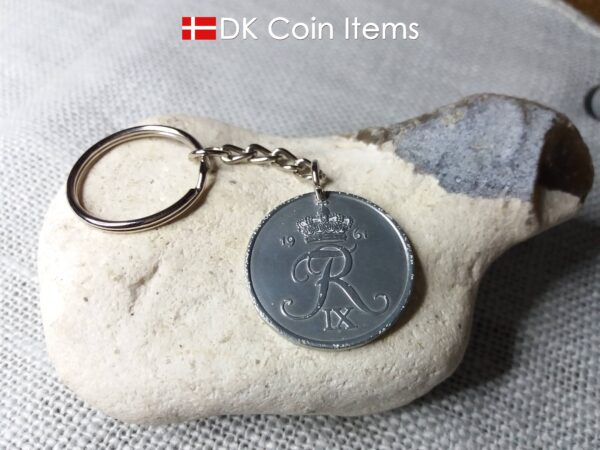 Denmark 1961 R coin keychain. 63 year old Danish 5 ore as coin pendant on chain and keyring