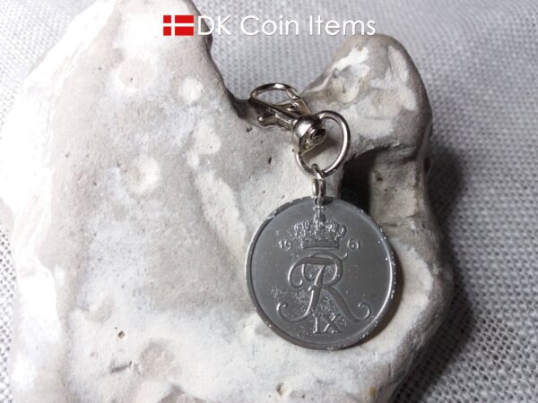 Denmark 5 ore coin pendant charm. Danish 1961 R initial coin. 5th anniversary gift or vintage souvenir.