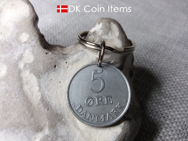 Denmark 1961 R coin keychain. 63 year old Danish 5 ore as coin pendant on keyring