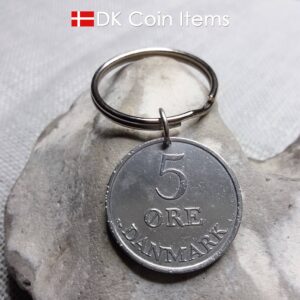 Denmark 5 ore coin pendant keychain. Danish 1961 R initial coin. 5th anniversary gift or vintage souvenir.