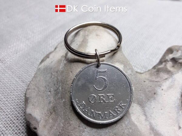 Denmark 5 ore coin pendant keychain. Danish 1961 R initial coin. 5th anniversary gift or vintage souvenir.