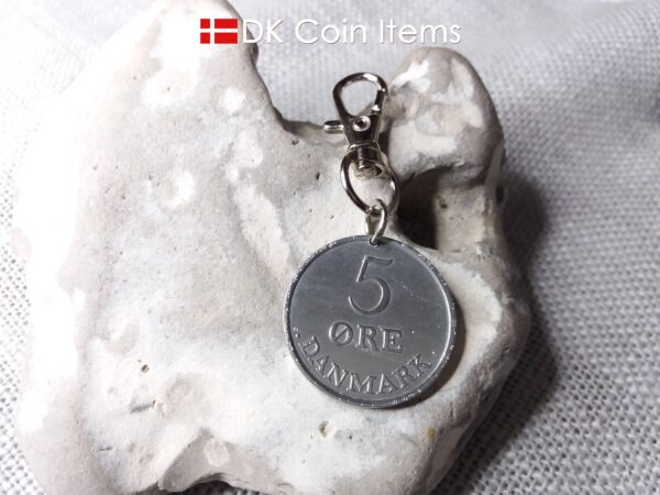 Denmark 5 ore coin pendant charm. Danish 1961 R initial coin. 5th anniversary gift or vintage souvenir.