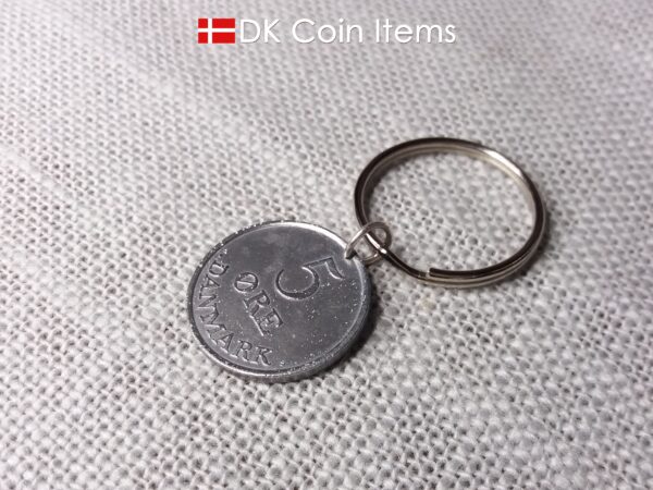 Denmark 5 ore coin pendant keychain. Danish 1961 R initial coin. 5th anniversary gift or vintage souvenir.