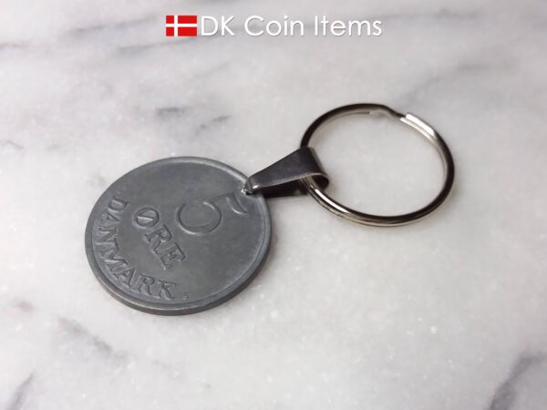 Denmark 1962 R initial coin keychain. 62 year old Danish 5 ore as coin pendant on keyring with bail.