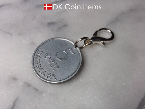 Denmark 1962 R initial coin keychain. 62 year old Danish 5 ore as coin pendant on lobster claw clasp.