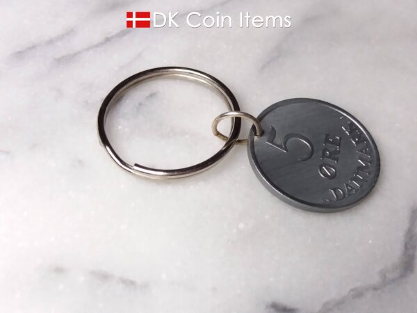 Denmark 1962 R initial coin keychain. 62 year old Danish 5 ore as coin pendant on keyring.