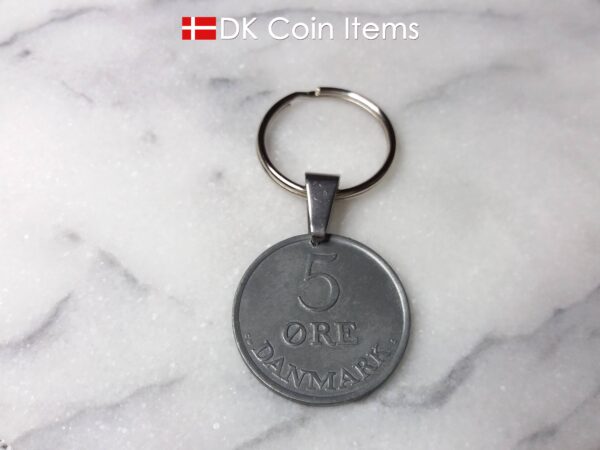 Denmark 1962 R initial coin keychain. 62 year old Danish 5 ore as coin pendant on keyring with bail.