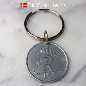 Denmark 1962 R initial coin keychain. 62 year old Danish 5 ore as coin pendant on keyring.