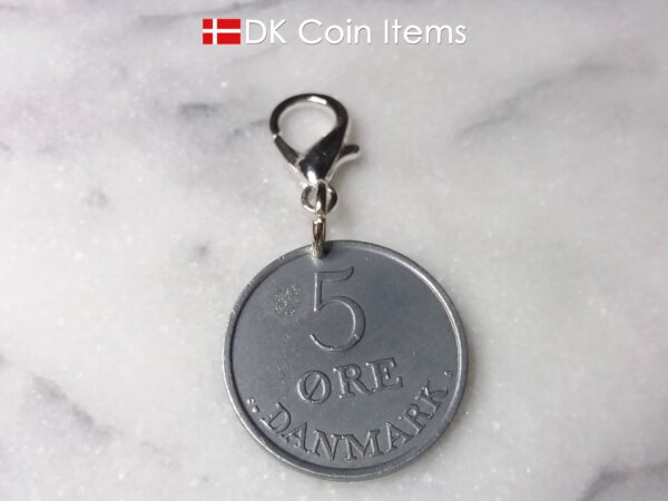 Denmark 1962 R initial coin keychain. 62 year old Danish 5 ore as coin pendant on lobster claw clasp.