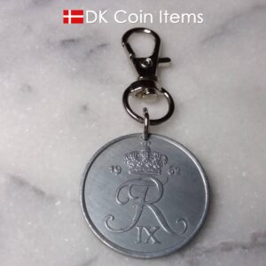 Denmark 1962 R initial coin keychain. 62 year old Danish 5 ore as coin pendant on trigger clip.