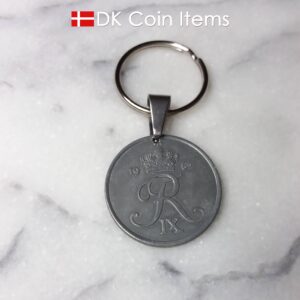 Denmark 1962 R initial coin keychain. 62 year old Danish 5 ore as coin pendant on keyring with bail.