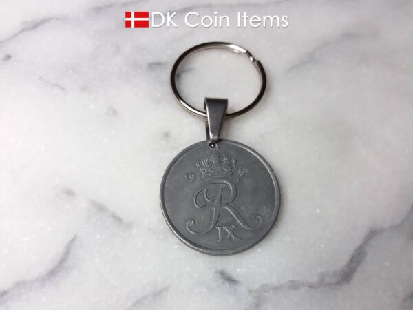 Denmark 1962 R initial coin keychain. 62 year old Danish 5 ore as coin pendant on keyring with bail.