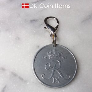 Denmark 1962 R initial coin keychain. 62 year old Danish 5 ore as coin pendant on lobster claw clasp.