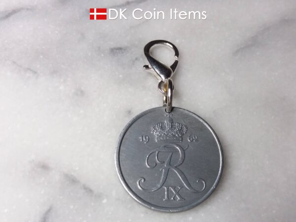 Denmark 1962 R initial coin keychain. 62 year old Danish 5 ore as coin pendant on lobster claw clasp.