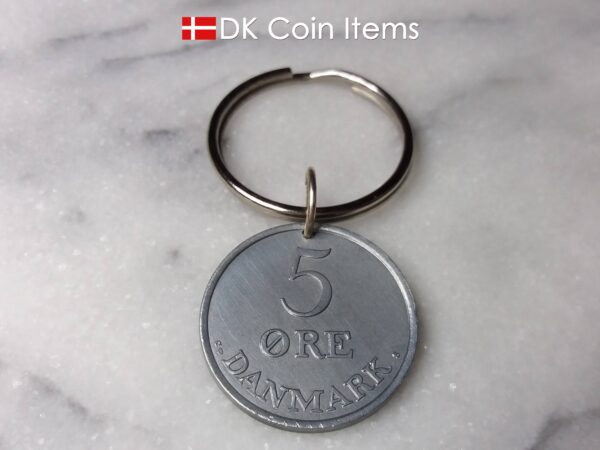 Denmark 1962 R initial coin keychain. 62 year old Danish 5 ore as coin pendant on keyring.