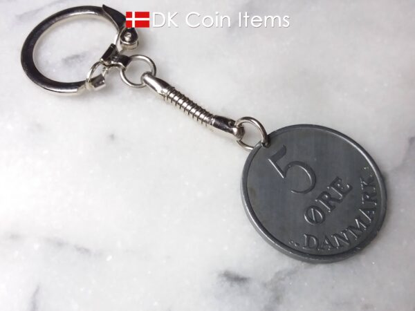 Denmark 1962 R initial coin keychain. 62 year old Danish 5 ore as coin pendant on snake keyring.