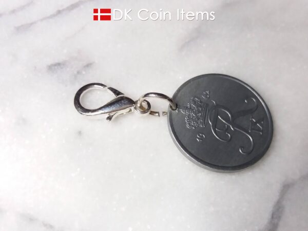 Denmark 1962 R initial coin keychain. 62 year old Danish 5 ore as coin pendant on lobster claw clasp.