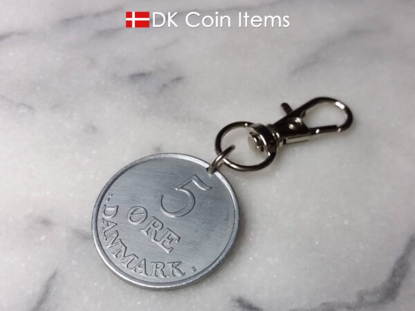 Denmark 1962 R initial coin keychain. 62 year old Danish 5 ore as coin pendant on trigger clip.