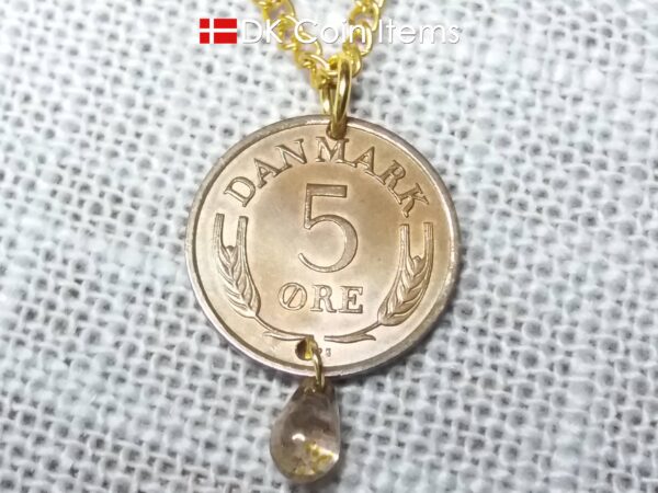 Denmark 1963 R coin necklace. 61 year old Danish 5 ore coin charm with brown bead