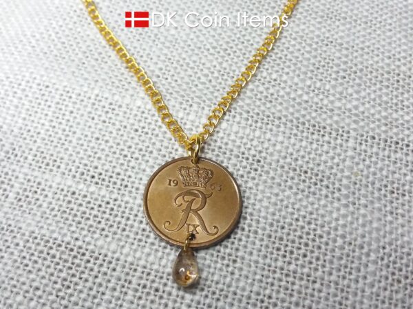 Denmark 1963 R coin necklace. 61 year old Danish 5 ore coin charm with brown bead