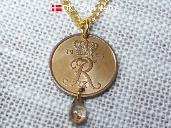 Denmark 1963 R coin necklace. 61 year old Danish 5 ore coin charm with brown bead