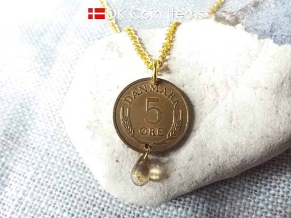 Denmark 1963 R coin necklace. 61 year old Danish 5 ore coin charm with brown bead