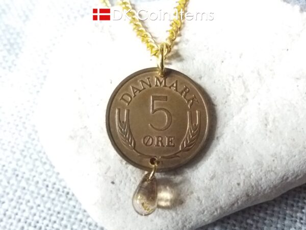 Denmark 1963 R coin necklace. 61 year old Danish 5 ore coin charm with brown bead