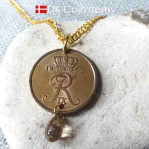 Denmark 1963 R coin necklace. 61 year old Danish 5 ore coin charm with brown bead