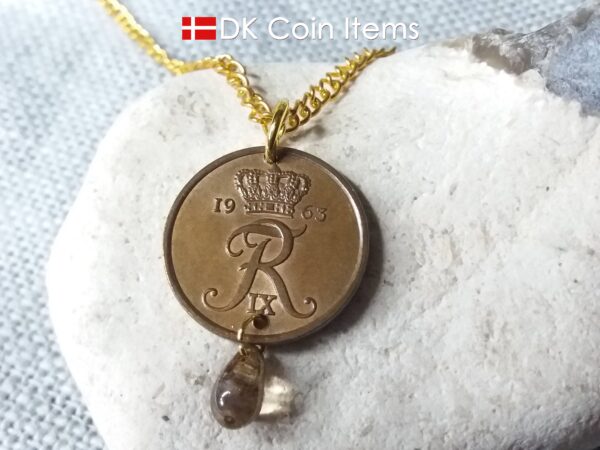 Denmark 1963 R coin necklace. 61 year old Danish 5 ore coin charm with brown bead