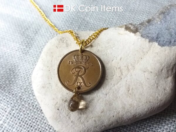 Denmark 1963 R coin necklace. 61 year old Danish 5 ore coin charm with brown bead