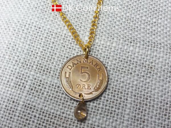 Denmark 1963 R coin necklace. 61 year old Danish 5 ore coin charm with brown bead