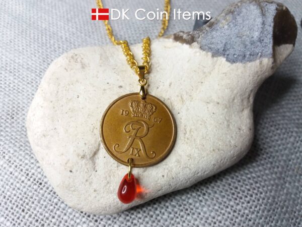 Denmark 1967 R coin necklace. 57 year old Danish 5 ore coin pendant with red bead